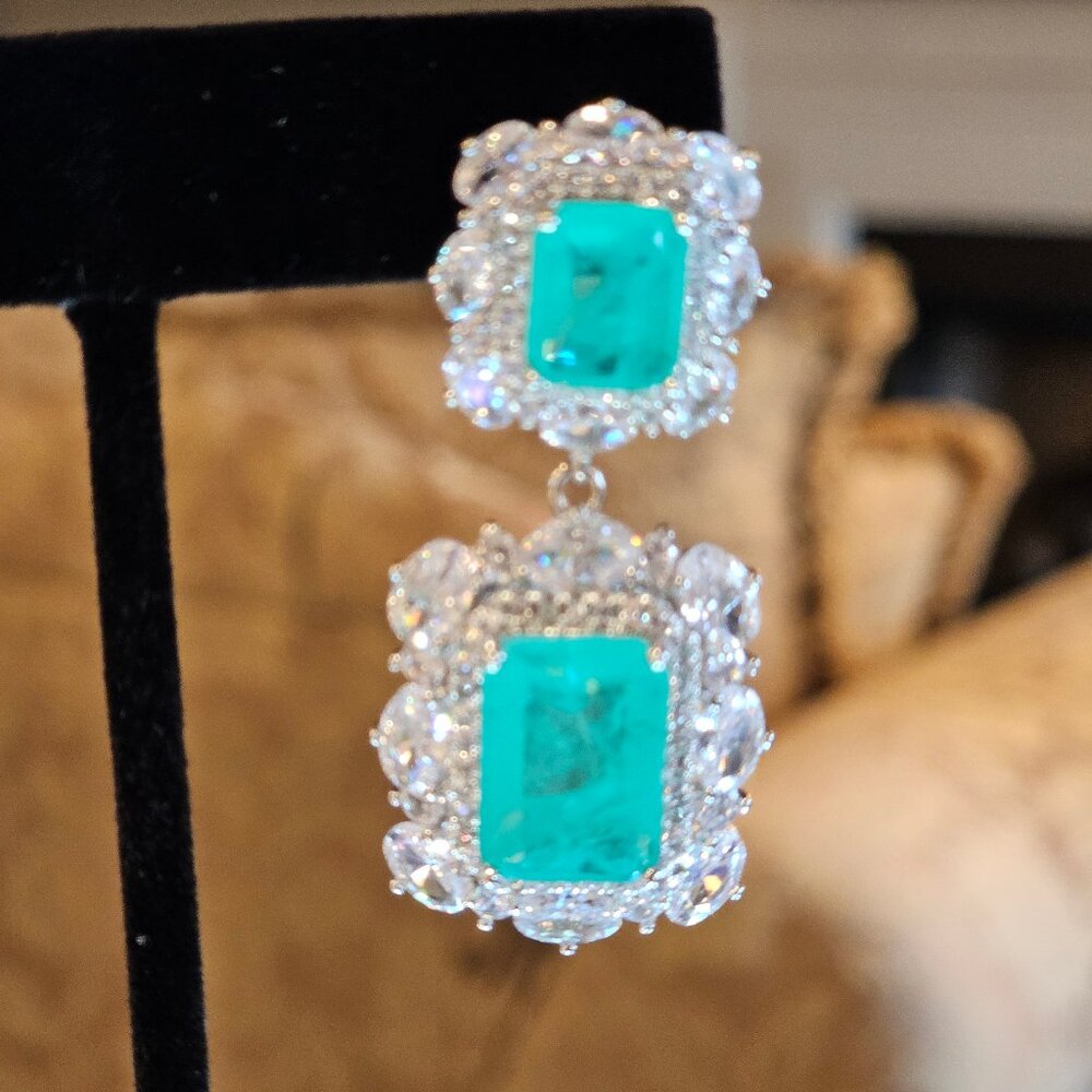 Paraiba Tourmaline Emerald Earrings - Picture 2 of 8
